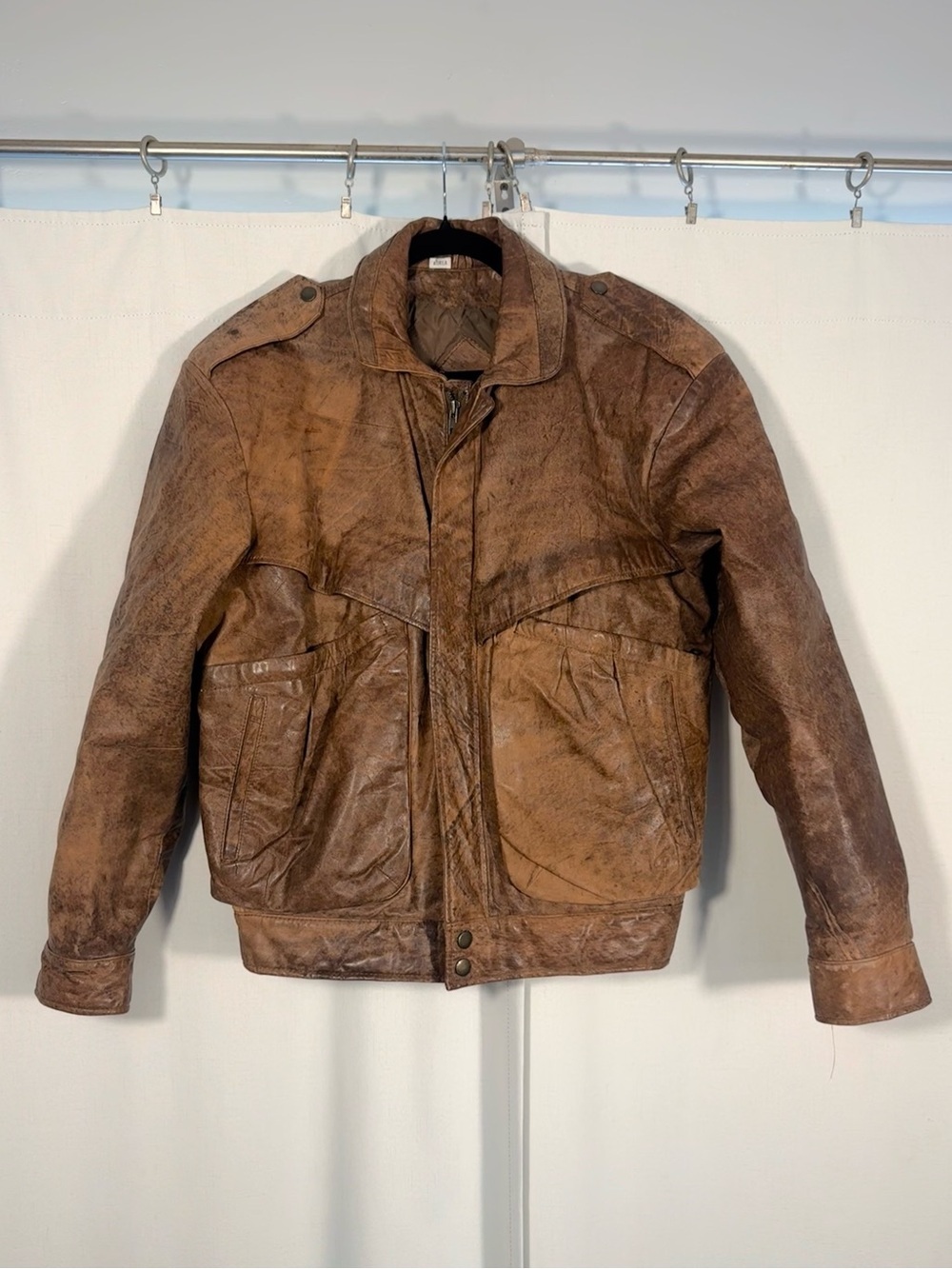 Vintage Distressed Brown Leather Bomber Jacket